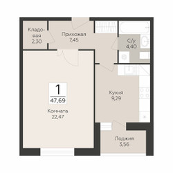 Планировка однокомнатной(квартира) площадью 47.69 квадратных метров в ЖК “ЖК Пахра Сити”