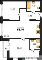 Планировка двухкомнатной(квартира) площадью 62.4 квадратных метров в “ЖК Первый квартал”
