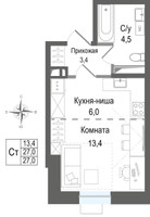 Планировка студии(квартира) площадью 27 квадратных метров в “ЖК КИНОКВАРТАЛ”