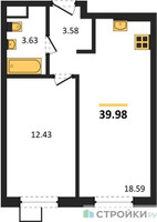 Планировка однокомнатной(квартира) площадью 39.98 квадратных метров в “ЖК Квартал Тетрис”