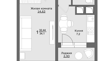 Планировка однокомнатной(квартира) площадью 34.1 квадратных метров в ЖК “ЖК Клевер”