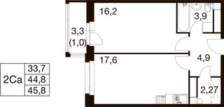 Планировка однокомнатной(квартира) площадью 44 квадратных метров в “ЖК Идеал”