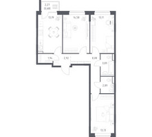 Планировка трехкомнатной(квартира) площадью 74.41 квадратных метров в “ЖК Квартал Западный”