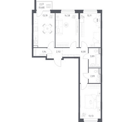 Планировка трехкомнатной(квартира) площадью 74.41 квадратных метров в ЖК “ЖК Квартал Западный”