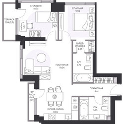 Планировка трехкомнатной(квартира) площадью 67.8 квадратных метров в ЖК “ЖК Hide (Хайд)”