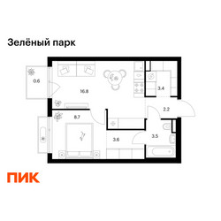 Планировка однокомнатной(квартира) площадью 38.8 квадратных метров в ЖК “ЖК Зеленый парк”