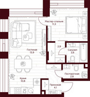 Планировка однокомнатной(квартира) площадью 49.4 квадратных метров в “ЖК Дом 7 Даниловский”