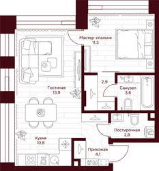 Планировка однокомнатной(квартира) площадью 49.4 квадратных метров в ЖК “ЖК Дом 7 Даниловский”