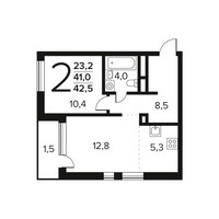 Планировка двухкомнатной(квартира) площадью 42.5 квадратных метров в “Новые Ватутинки. Заречный”