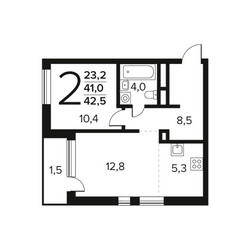 Планировка двухкомнатной(квартира) площадью 42.5 квадратных метров в ЖК “Новые Ватутинки. Заречный”