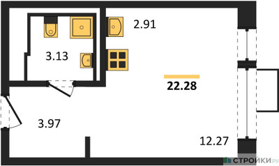 Планировка студии(квартира) площадью 22.28 квадратных метров в ЖК “Квартал Ивакино”