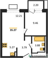 Планировка однокомнатной(квартира) площадью 35.27 квадратных метров в “ЖК Прибрежный Парк”