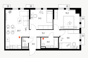 Планировка трехкомнатной(квартира) площадью 68.2 квадратных метров в “ЖК Белая Дача парк”