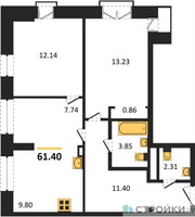 Планировка двухкомнатной(квартира) площадью 61.4 квадратных метров в “ЖК TWICE”