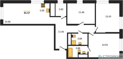 Планировка трехкомнатной(квартира) площадью 81.8 квадратных метров в ЖК “ЖК Self (Селф)”