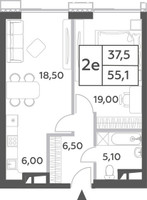 Планировка двухкомнатной(квартира) площадью 55.1 квадратных метров в “ЖК Will Towers (Вилл Тауэрс)”