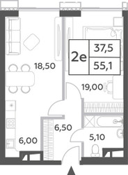 Планировка двухкомнатной(квартира) площадью 55.1 квадратных метров в ЖК “ЖК Will Towers (Вилл Тауэрс)”