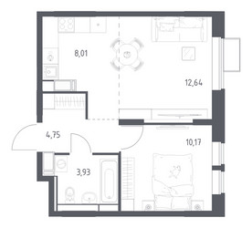 Планировка однокомнатной(квартира) площадью 39.5 квадратных метров в ЖК “ЖК Большое Путилково”