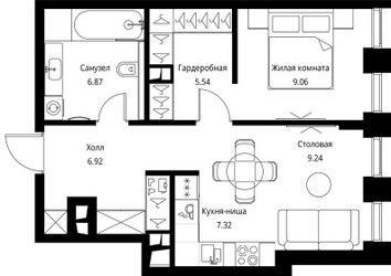 Планировка однокомнатной(квартира) площадью 44.95 квадратных метров в ЖК “ЖК Сити Бэй”