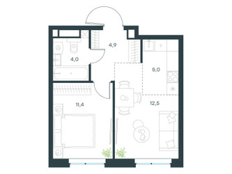 Планировка двухкомнатной(квартира) площадью 37.8 квадратных метров в ЖК “ЖК Левел Мичуринский”