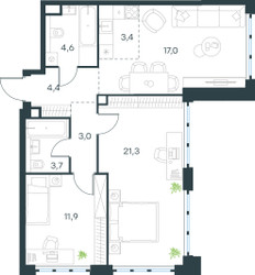 Планировка трехкомнатной(квартира) площадью 69.3 квадратных метров в ЖК “ЖК Level Южнопортовая”