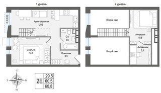 Планировка двухкомнатной(квартира) площадью 60.5 квадратных метров в “ЖК КИНОКВАРТАЛ”