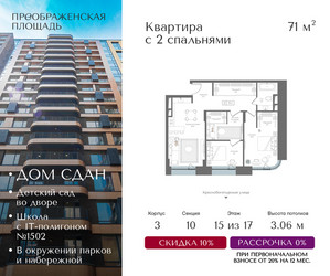 Планировка двухкомнатной(квартира) площадью 71 квадратных метров в ЖК “ЖК Преображенская Площадь”