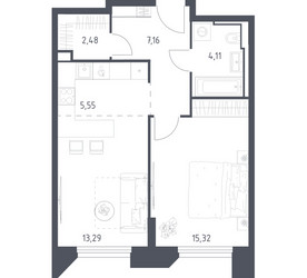 Планировка однокомнатной(апартаменты) площадью 47.91 квадратных метров в ЖК “ЖК Скай Спутник”