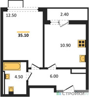 Планировка однокомнатной(квартира) площадью 35.1 квадратных метров в “ЖК Бунинские кварталы”