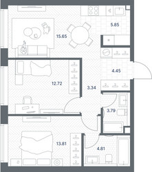 Планировка двухкомнатной(квартира) площадью 64.42 квадратных метров в ЖК “ЖК TATE (Тэйт)”