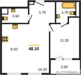 Планировка однокомнатной(квартира) площадью 48.1 квадратных метров в ЖК “ЖК Sydney City (Сидней Сити)”