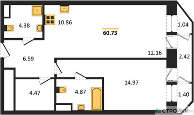 Планировка однокомнатной(квартира) площадью 60.73 квадратных метров в ЖК “Квартал Foriver”