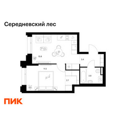 Планировка однокомнатной(квартира) площадью 37.3 квадратных метров в ЖК “ЖК Середневский лес”
