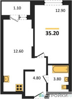 Планировка однокомнатной(апартаменты) площадью 34.8 квадратных метров в “ЖК Равновесие”
