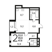 Планировка двухкомнатной(квартира) площадью 47.8 квадратных метров в “Новые Ватутинки. Заречный”