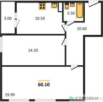 Планировка двухкомнатной(квартира) площадью 60.1 квадратных метров в “ЖК Карамельный”