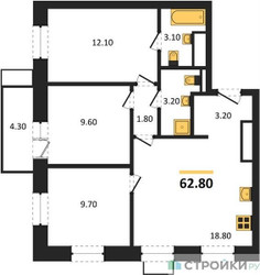 Планировка трехкомнатной(квартира) площадью 62.8 квадратных метров в ЖК “ЖК Союзный”
