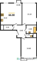 Планировка двухкомнатной(квартира) площадью 66 квадратных метров в ЖК “ЖК Датский Квартал”
