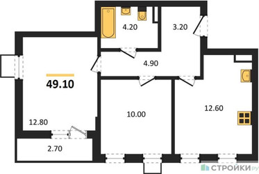 Планировка двухкомнатной(квартира) площадью 49.1 квадратных метров в ЖК “ЖК Деснаречье”