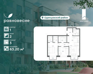 Планировка трехкомнатной(квартира) площадью 63.2 квадратных метров в ЖК “ЖК Равновесие”