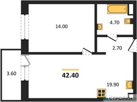 Планировка однокомнатной(квартира) площадью 42.4 квадратных метров в “ЖК Одинцовские кварталы”