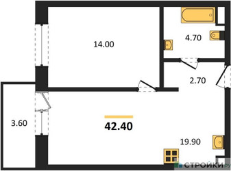 Планировка однокомнатной(квартира) площадью 42.4 квадратных метров в ЖК “ЖК Одинцовские кварталы”