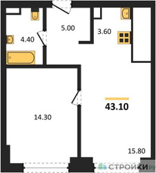 Планировка однокомнатной(квартира) площадью 43.1 квадратных метров в ЖК “ЖК Upside Towers (Апсайд Тауэрс)”