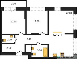 Планировка двухкомнатной(квартира) площадью 62.7 квадратных метров в “ЖК Первый квартал”