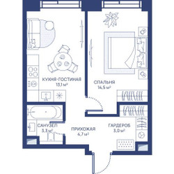 Планировка однокомнатной(квартира) площадью 38.6 квадратных метров в ЖК “ЖК Свет”