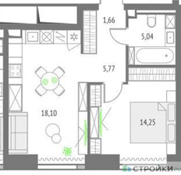 Планировка однокомнатной(квартира) площадью 44.82 квадратных метров в ЖК “ЖК Upside Towers (Апсайд Тауэрс)”