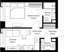 Планировка однокомнатной(квартира) площадью 35.3 квадратных метров в “ЖК Веер”