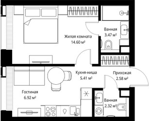 Планировка однокомнатной(квартира) площадью 35.3 квадратных метров в ЖК “ЖК Веер”