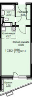 Планировка студии(квартира) площадью 32.8 квадратных метров в “ЖК Соболевка”