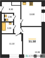 Планировка двухкомнатной(квартира) площадью 51.5 квадратных метров в “ЖК Первый Московский”